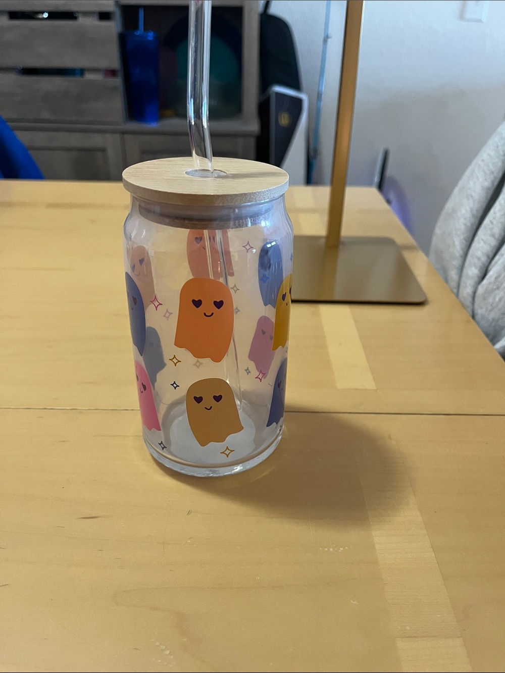 Cute Ghost Print Clear Drinking Jar with Straw - Multicolor